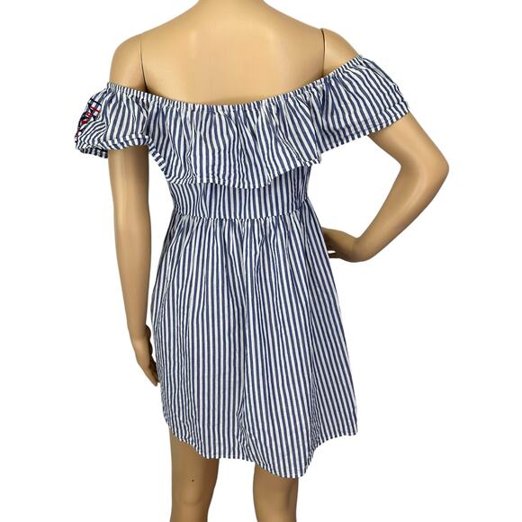 2/$15 Flying Tomato Embroidered Off Shoulder Dress Blue Striped Size M - Picture 5 of 8